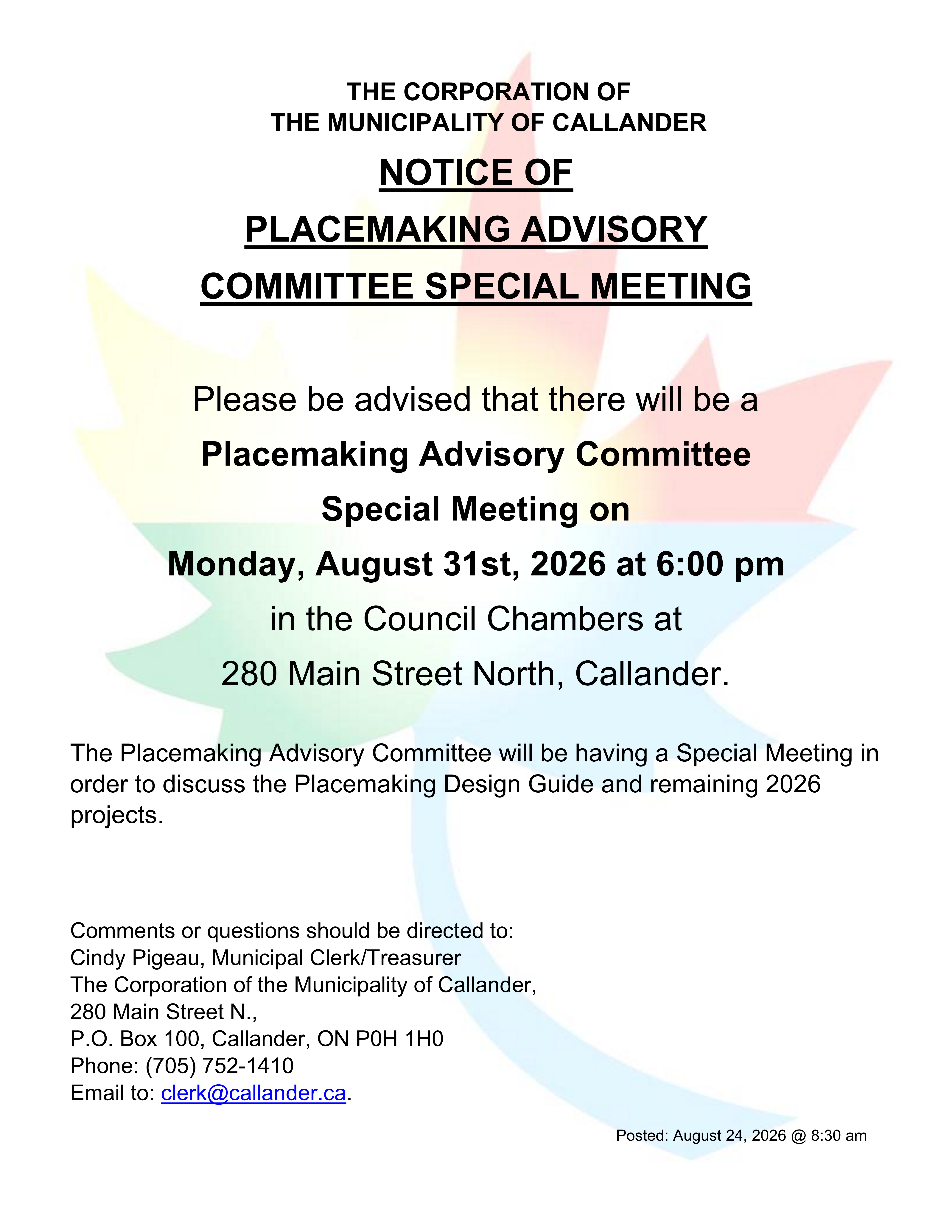 Notice of Special Meeting - Placemaking Advisory Committee